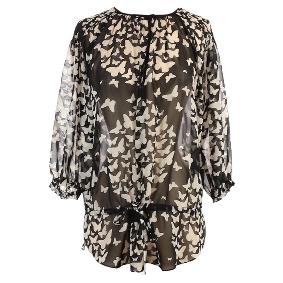 🌺 Zara Sheer Butterfly Print Lightweight Boho Peasant Blouse Size S - Picture 1 of 11